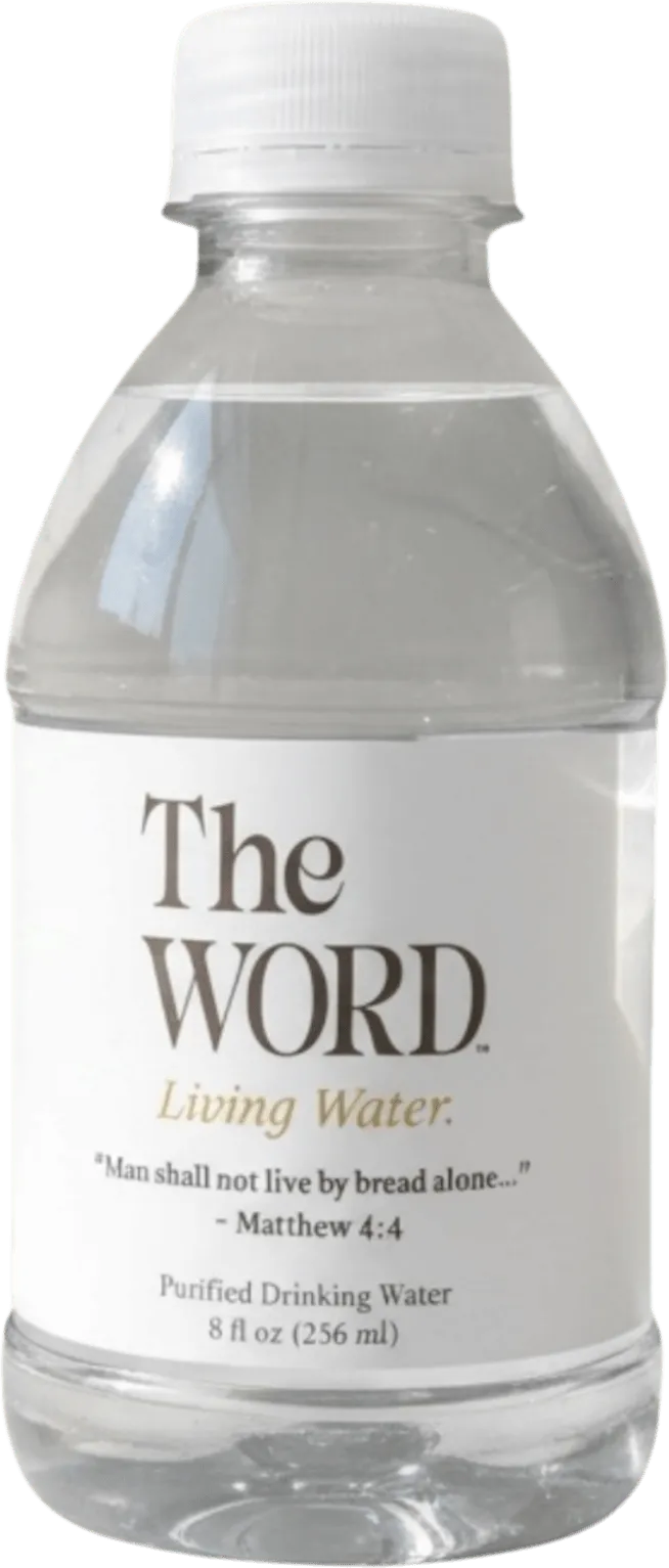 A bottle of Drink The Word purified water, labeled Living Water with Matthew 4:4